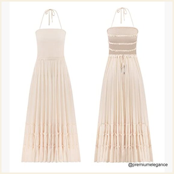 Summer Boho Backless Maxi Dress Halter Tie Waist Ruffle Hem Rayon Cotton - Picture 6 of 7